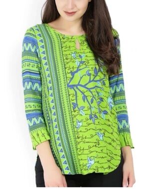 Global Desi 3/4 Sleeve Blouse Top Origami Birds Keyhole Viscose Women’s Medium